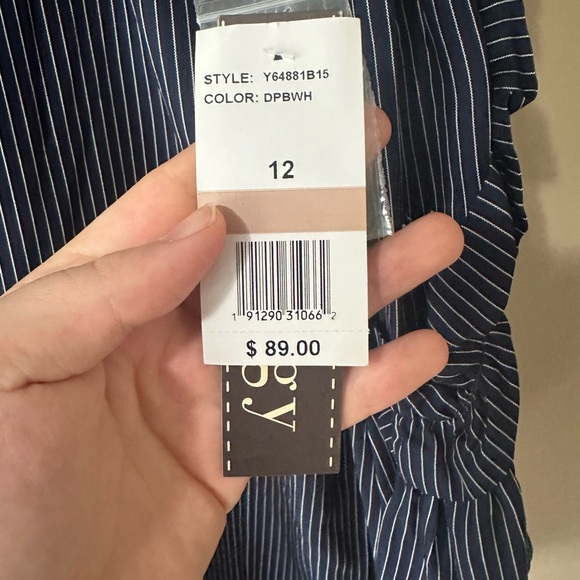 Luxology Navy and White Striped Ruffled Long Sleeve Knee Length Dress - Picture 4 of 7